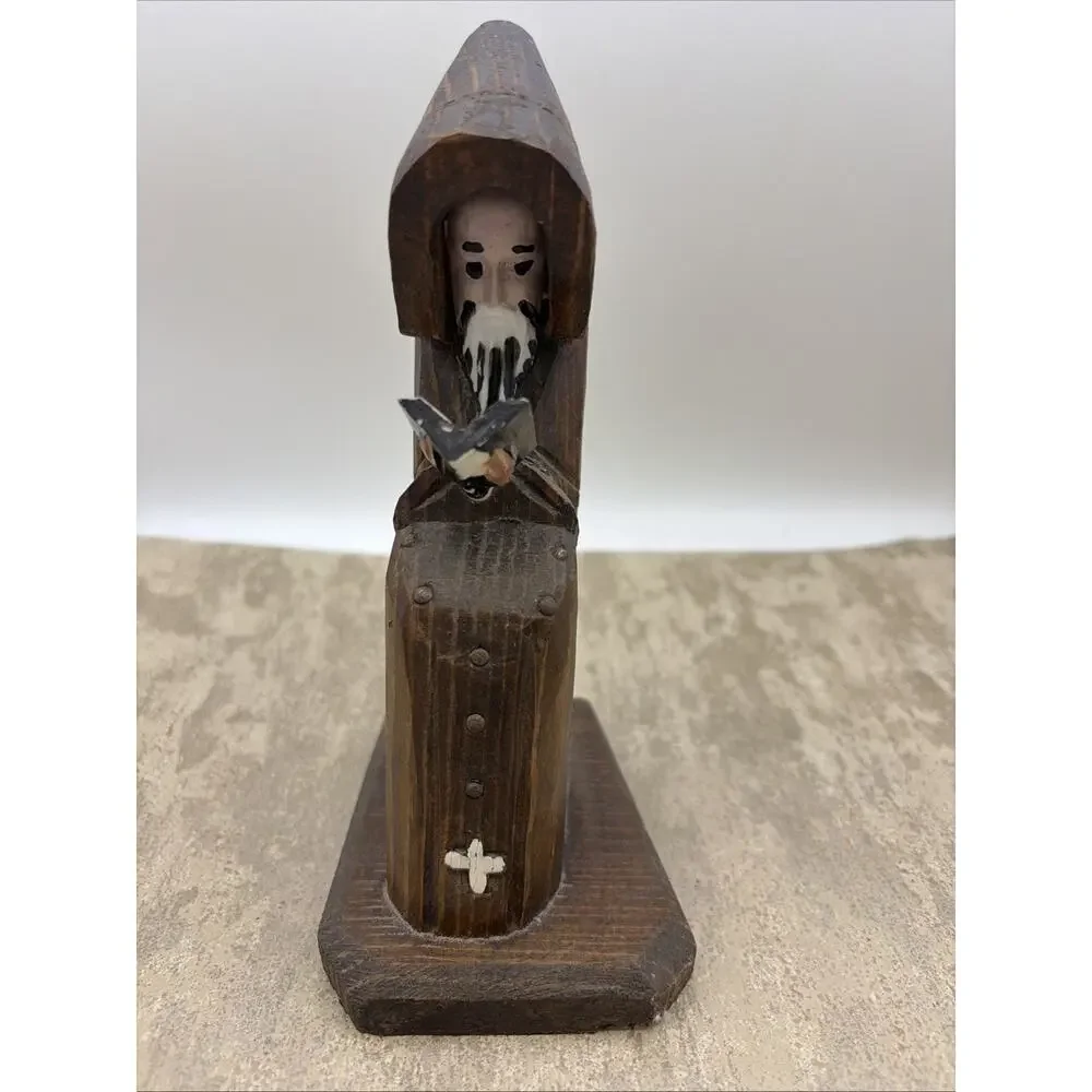 Vintage Hand Carved Wood Monk Friar Reading Book Figure Religious Folk Art 8”